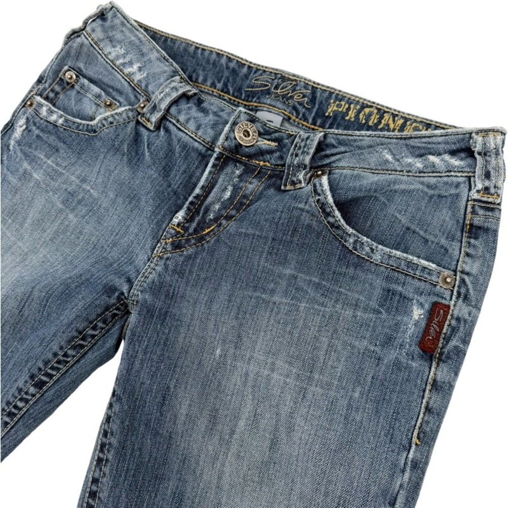 SILVER JEANS 29 Pioneer Bootcut Blue Low Rise Flap Pocket Y2K Distressed Denim